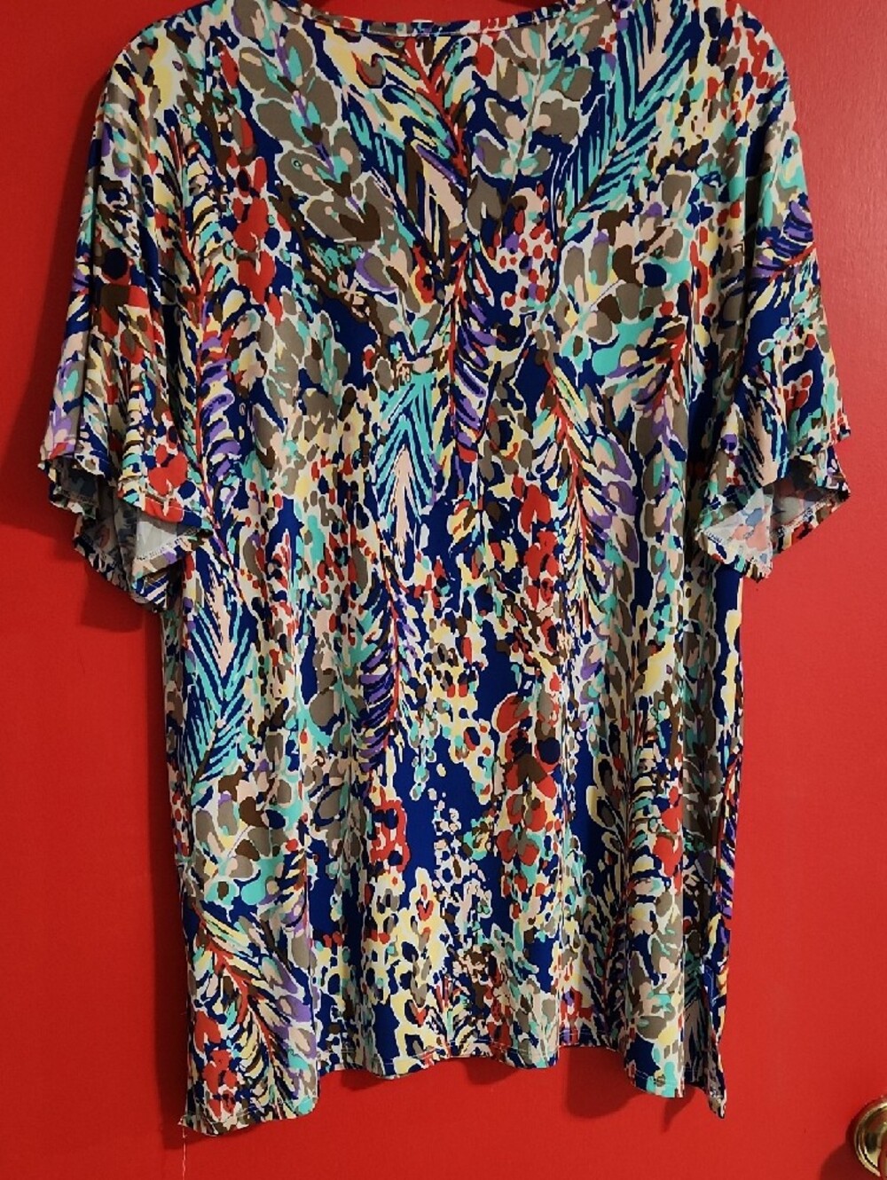 1X Womens Multicolor Printed Ruffle Sleeve Top - Picture 2 of 5